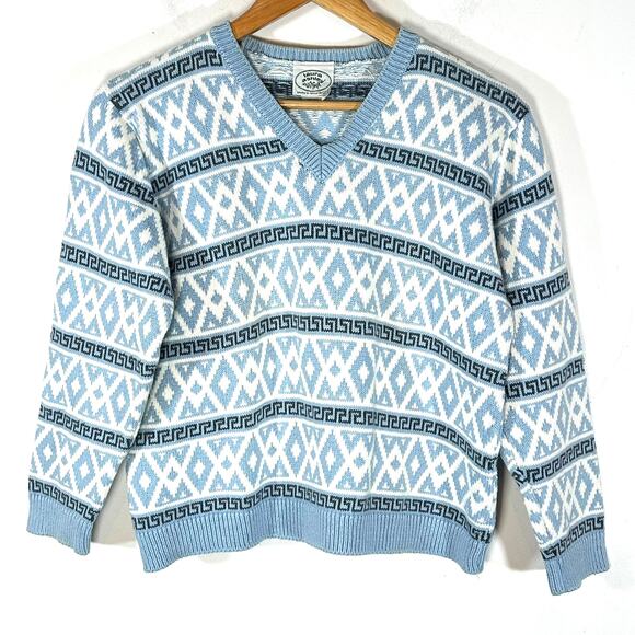 VINTAGE LAURA ASHLEY Cotton Knit‎ V-neck Sweater Geometric Fairaisle Womans OS - Picture 1 of 10